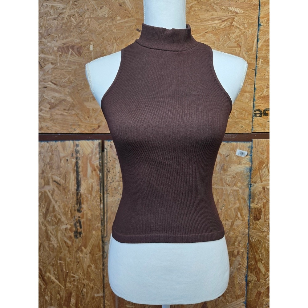 Suzette Collection Brown Ribbed Mock Neck Sleeveless‎ Top Womens SM